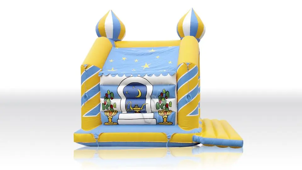 Aladdin (Genie) with flames 4 x 3 m with roof and figures commercial inflatable bounce