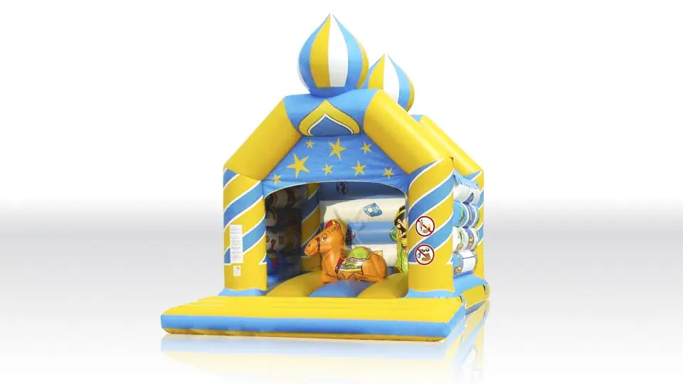 Aladdin (Genie) with flames 4 x 3 m with roof and figures commercial inflatable bounce