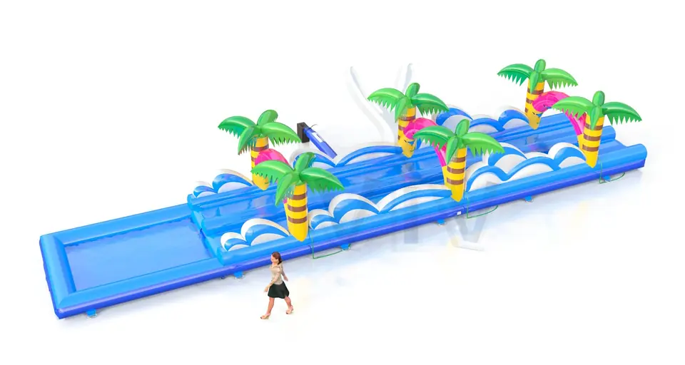 Double water slide with wave and palms commercial inflatable slide