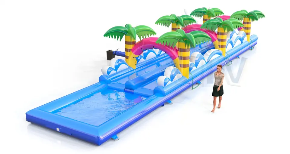 Double water slide with wave and palms commercial inflatable slide