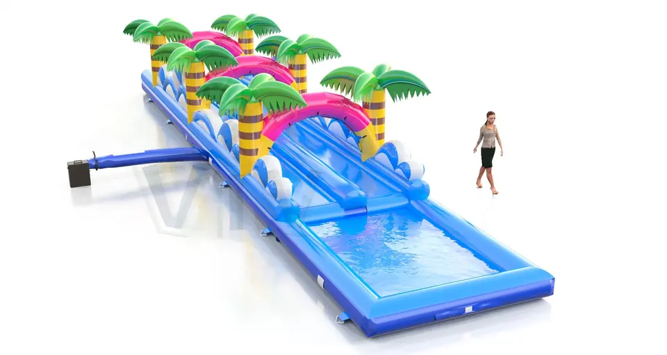 Double water slide with wave and palms commercial inflatable slide