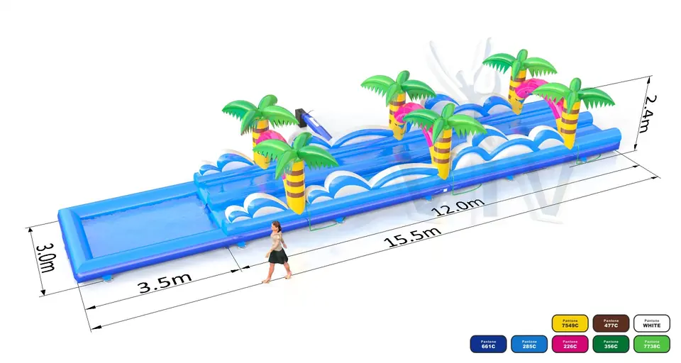 Double water slide with wave and palms commercial inflatable slide