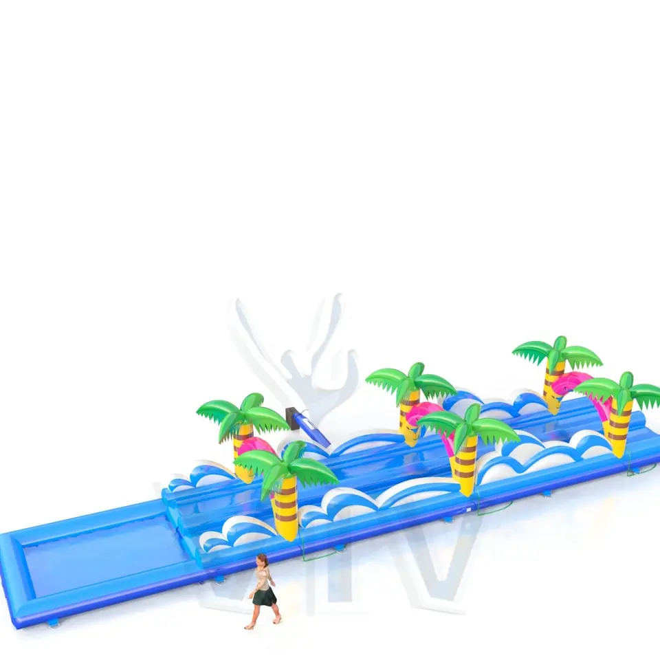 Double water slide with wave and palms commercial inflatable slide