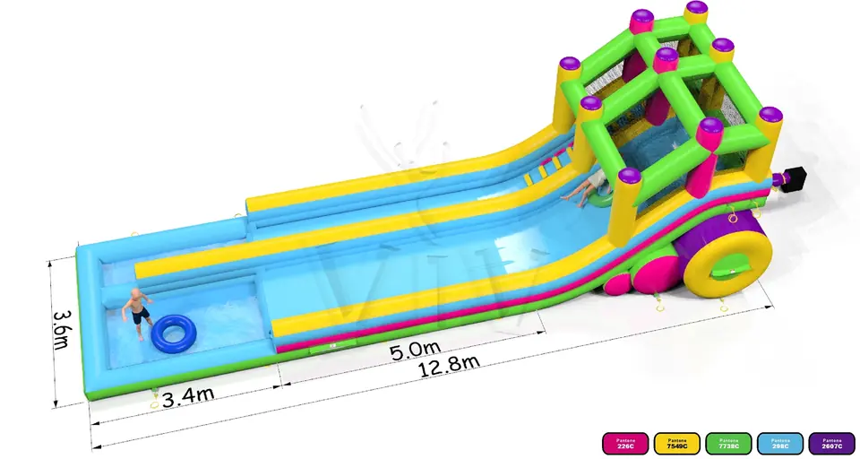 Waterslide 12.8m with Pool and Entrance on the Same Side commercial inflatable slide