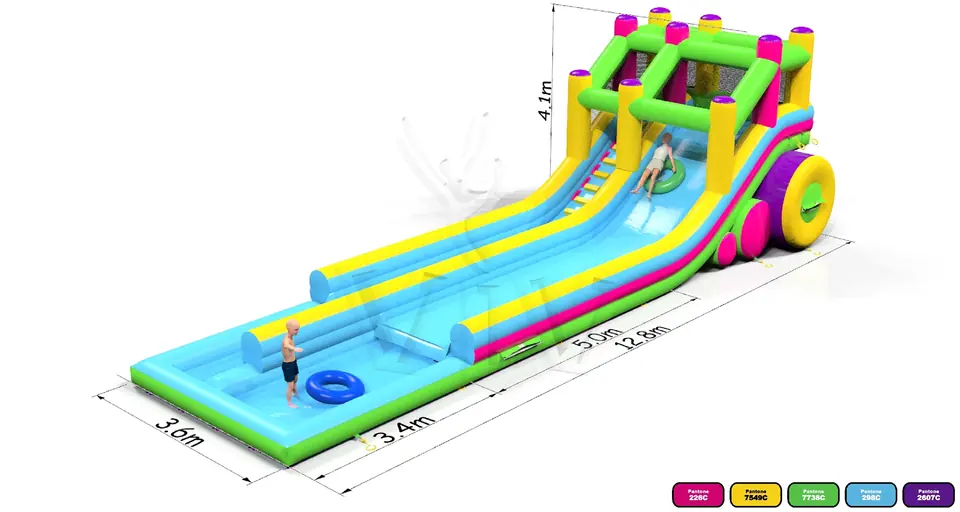 Waterslide 12.8m with Pool and Entrance on the Same Side commercial inflatable slide