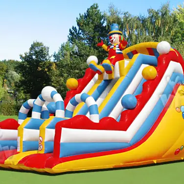 Clown-themed inflatable slide for family events