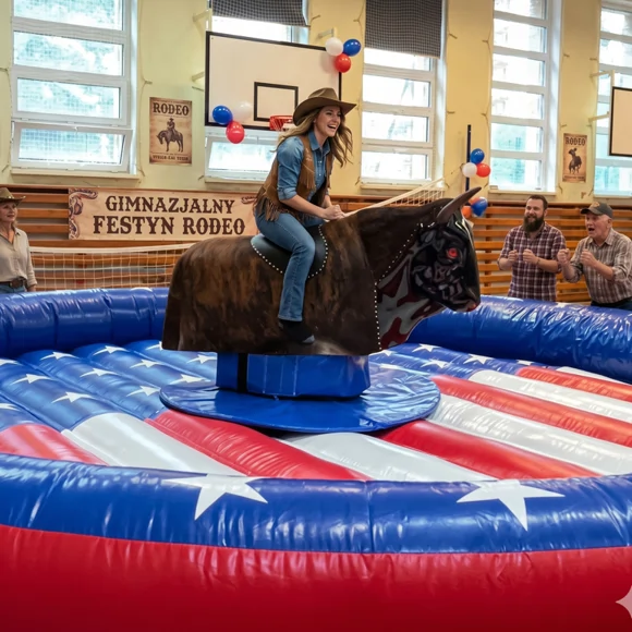 VIV mechanical rodeo bull attraction on an inflatable safety bed